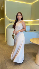 Vestido Longo Decote Cruzado Botões - Bege