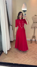 Vestido Longo Vermelho Botões Pérola - Vermelho