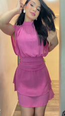 Vestido Chiffon Gola Alta - Pêssego