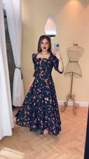 Vestido Longo Estampado com Zíper - Marinho Folhagem