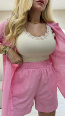 Conjunto 100% Linho Camisa e Shorts - Rosa