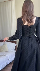 Vestido Midi Poá Manga Bufante - Preto