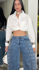 Calça Jeans Wide Leg Botões Militares - Azul Médio