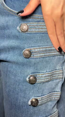 Calça Jeans Wide Leg Botões Militares - Azul Médio