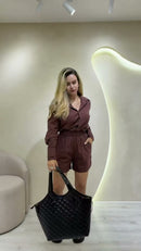 Conjunto 100% Linho Camisa e Shorts - Marrom Chocolate